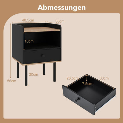 Black Nightstand with Drawer & Open Shelf, Metal Legs