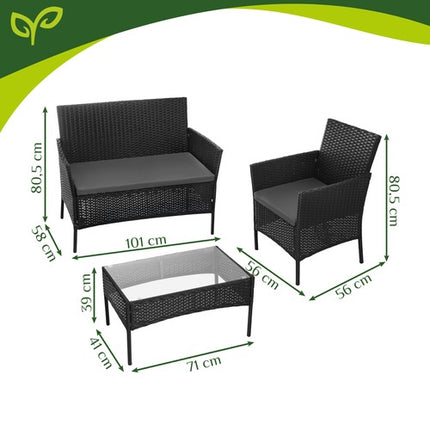 Black Rattan Garden Furniture Set – 2 Chairs, Sofa, Table