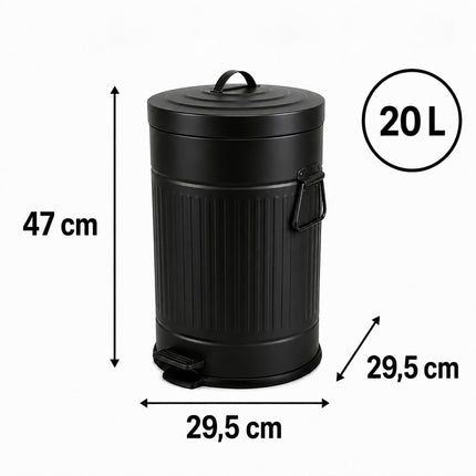 Black Retro Pedal Bin, 20L Capacity, Soft-Close Lid
