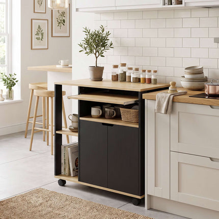 Black Rolling Kitchen Cart with Adjustable Shelves and Storage