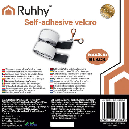 Black Self-Adhesive Velcro Tape, 5m x 5cm