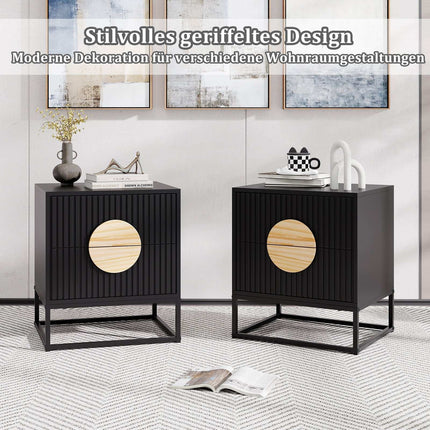 Black Side Table with 2 Drawers, Metal Frame & Pine Handles