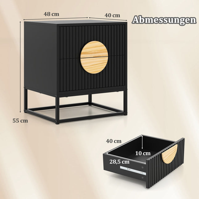 Black Side Table with 2 Drawers, Metal Frame & Pine Handles