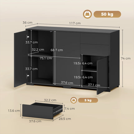 Black Sideboard with 2 Drawers, Push-Click, 117x36x74 cm