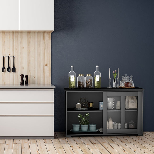Black Sideboard with Sliding Glass Doors, Adjustable Shelves