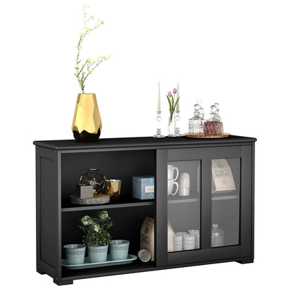 Black Sideboard with Sliding Glass Doors, Adjustable Shelves