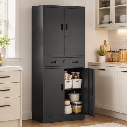 Black Steel Tool Cabinet with Lockable Doors and Adjustable Shelves