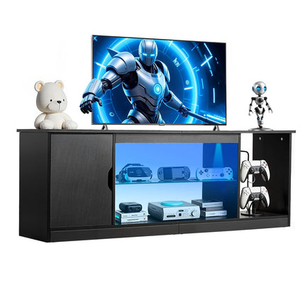 Black TV Stand for 65-Inch TVs, LED Lights, Adjustable Shelves