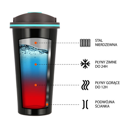 Black Thermal Cup, 18 oz, Insulated Stainless Steel