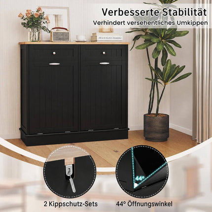 Black Waste Bin Cabinet with Rubberwood Top and Drawers