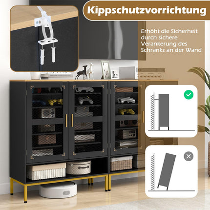 Black Wooden Shoe Cabinet with Adjustable Shelves & Mesh Doors