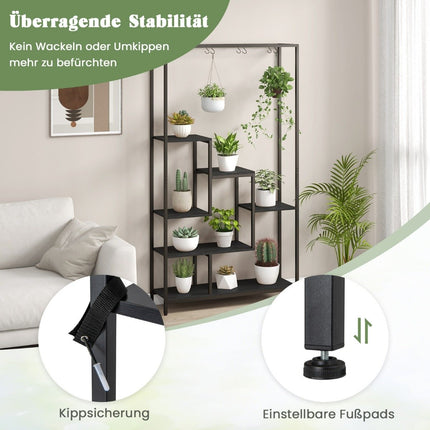 Black plant stand 6 tiers 180 cm plant shelf metal with 10 S-hooks