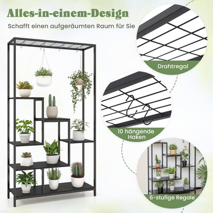 Black plant stand 6 tiers 180 cm plant shelf metal with 10 S-hooks