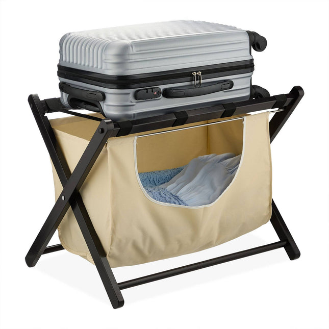 Black suitcase rack with laundry bag