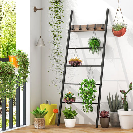 Blanket Ladder, 5-Tier Wall-Leaning With 5 Removable Hooks