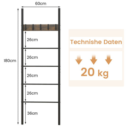 Blanket Ladder, 5-Tier Wall-Leaning With 5 Removable Hooks