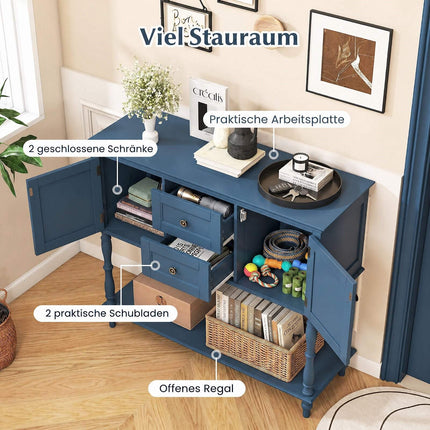 Blue Console Table with 2 Drawers, Cabinets & Shelf