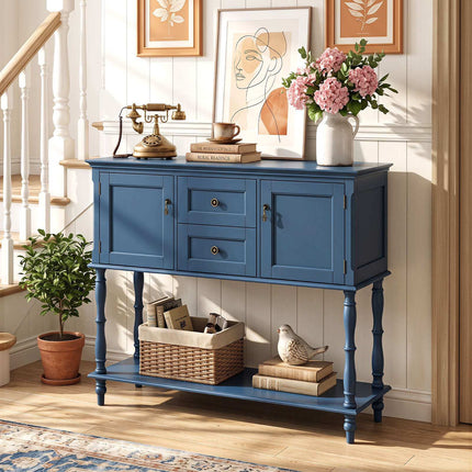 Blue Console Table with 2 Drawers, Cabinets & Shelf