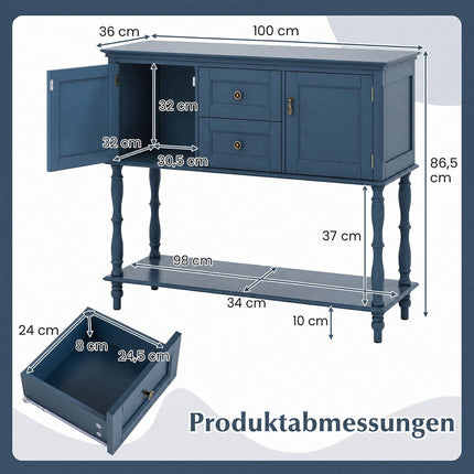 Blue Console Table with 2 Drawers, Cabinets & Shelf