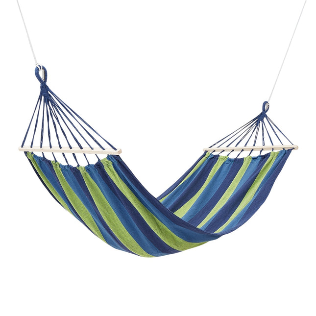 Blauwe hangmat met 70 cm houten balk en metalen houder