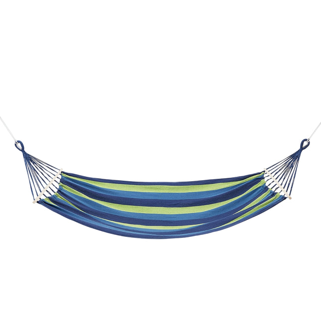 Blauwe hangmat met 70 cm houten balk en metalen houder