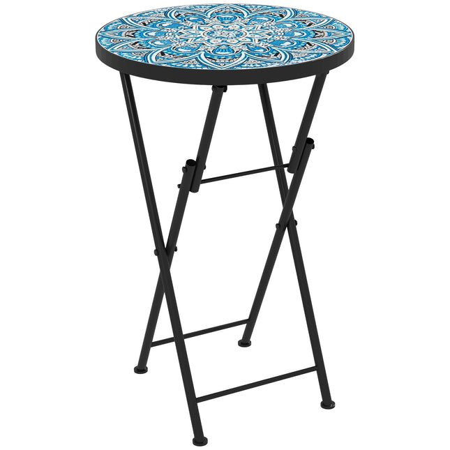 Blue Mosaic Folding Metal Table, Weather Resistant - Indoor/Outdoor