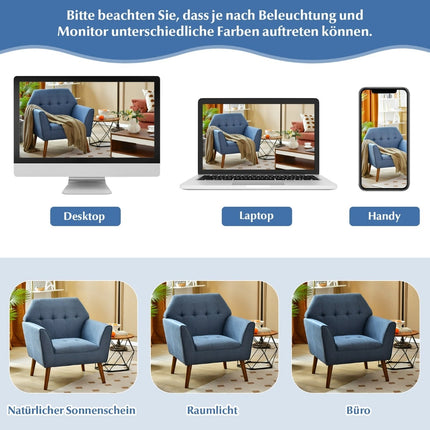 Blue Upholstered Lounge Chair with Rubberwood Legs, 76x74x84 cm