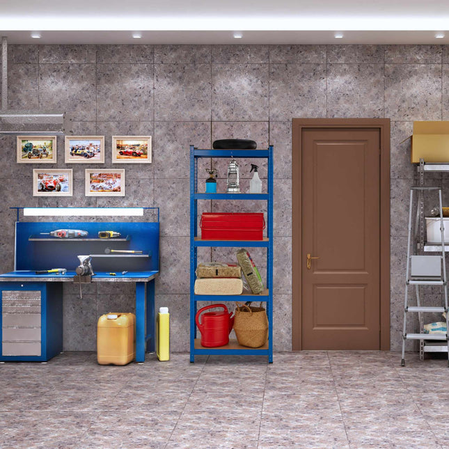 Blue sturdy shelves with 5 levels