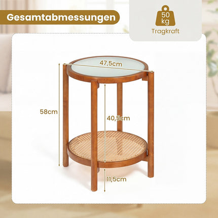 Boho 2-Tier Side Table with Tempered Glass Top, Walnut