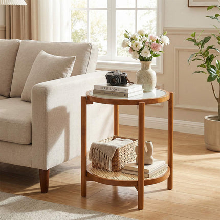 Boho 2-Tier Side Table with Tempered Glass Top, Walnut