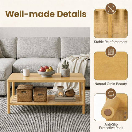 Boho Coffee Table with Rattan Shelf and Rubber Wood Frame