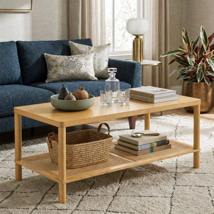 Boho Coffee Table with Rattan Shelf and Rubber Wood Frame