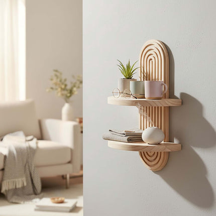 Boho Floating Wall Shelves, 2pc Set – Pine, Light Brown