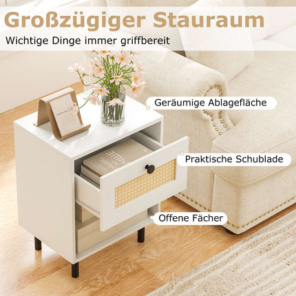 Boho Nightstand with Rattan Drawer, 40x30x52cm, White
