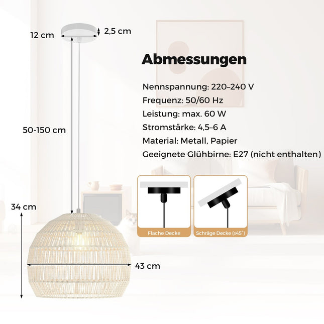 Boho Pendant Light, Adjustable Height, Paper Shade