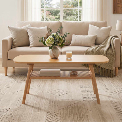 Boho Rattan Coffee Table, 2-Tier, Rounded Corners, Natural