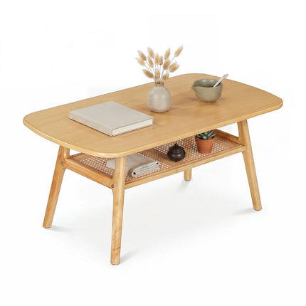 Boho Rattan Coffee Table, 2-Tier, Rounded Corners, Natural