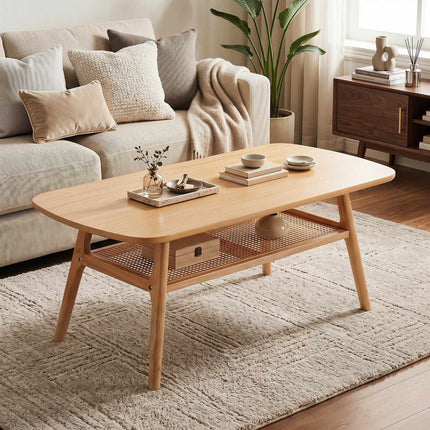Boho Rattan Coffee Table, 2-Tier, Rounded Corners, Natural