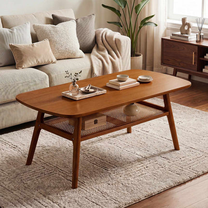 Boho Rattan Coffee Table, 2-Tier, Rounded Corners, Walnut