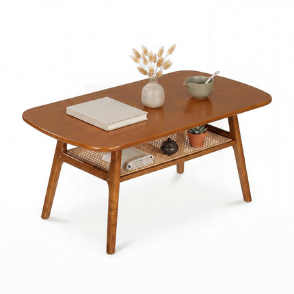Boho Rattan Coffee Table, 2-Tier, Rounded Corners, Walnut