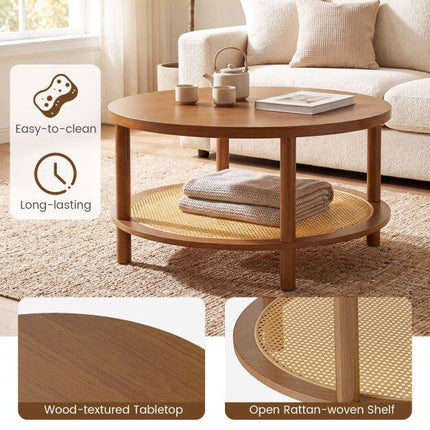 Boho Rattan Coffee Table with Storage Shelf, Walnut Finish