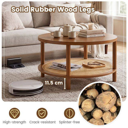 Boho Rattan Coffee Table with Storage Shelf, Walnut Finish