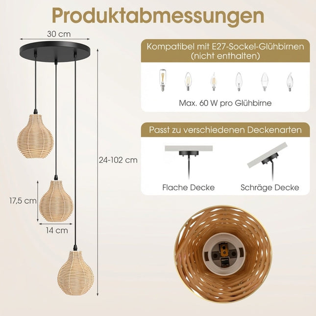 Boho Rattan Pendant Light, 3-Light, Adjustable Height