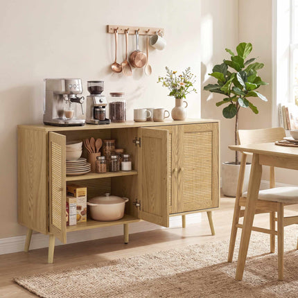 Boho Rattan Sideboard with Adjustable Shelves, Natural Wood
