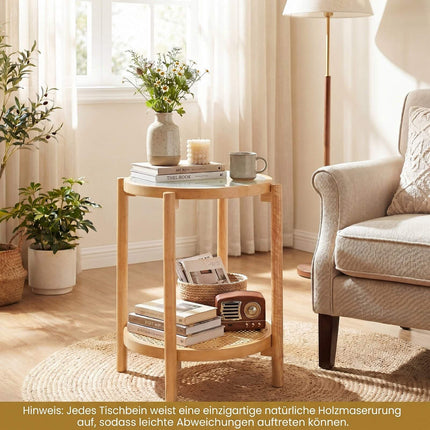 Boho Round Side Table with Tempered Glass Top, Natural