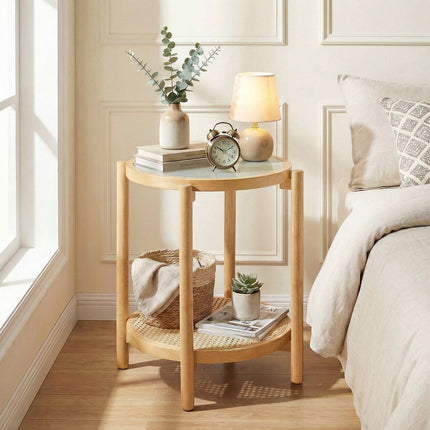 Boho Round Side Table with Tempered Glass Top, Natural