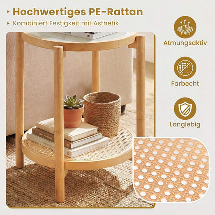 Boho Round Side Table with Tempered Glass Top, Natural