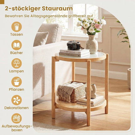 Boho Round Side Table with Tempered Glass Top, Natural