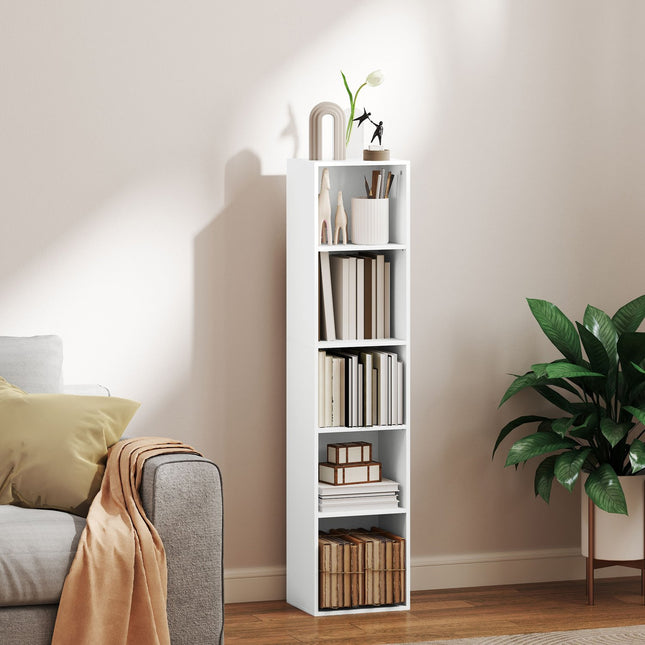 White Wood Bookcase, 5 Compartments, Adjustable Shelves