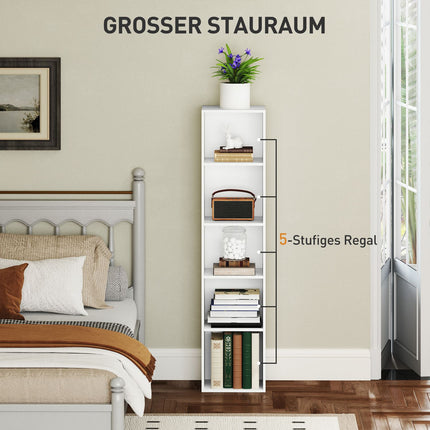 White Wood Bookcase, 5 Compartments, Adjustable Shelves
